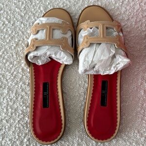 Carolina Herrera Beige and White Slide Sandals